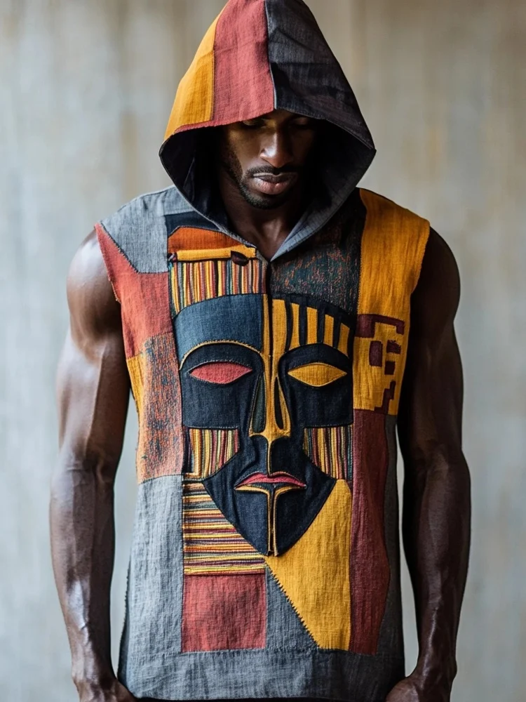 Men's African Mask Ethnic Patchwork Linen Hooded Tank Top