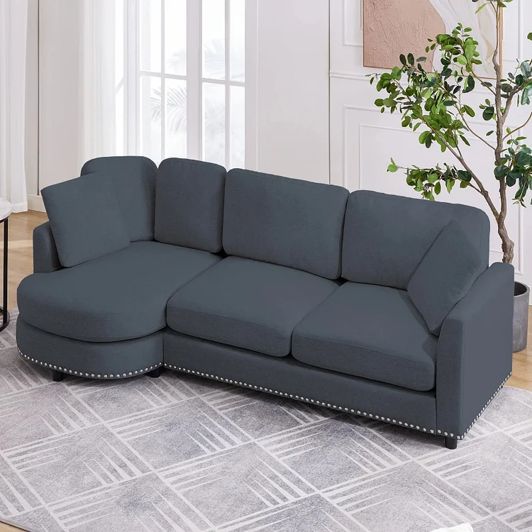 ijuicy Sectional Sofa with Curved Chaise Lounge, 3-Seat Comfy Couch with Right Side Chaise, L-Shape Luxury Upholstered Couch with Throw Pillows, Suit for Living Room Apartment Office Dark Grey