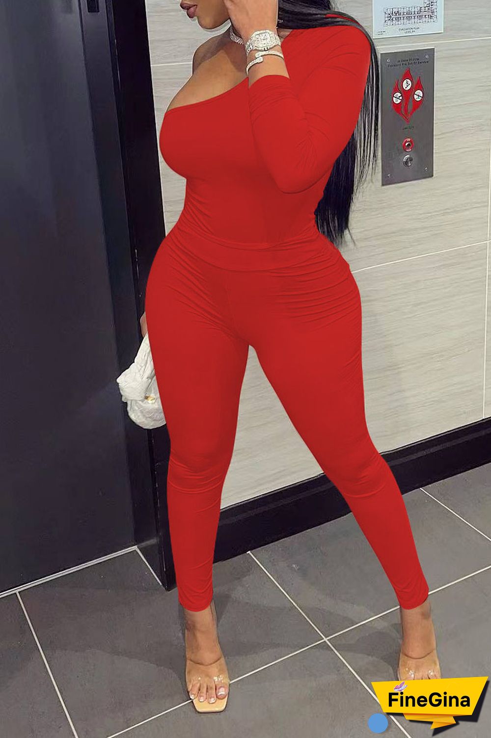 Red Sexy Solid Patchwork Oblique Collar Long Sleeve Two Pieces