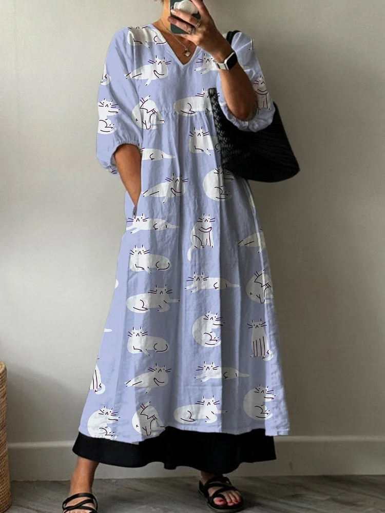 Lovely Cartoon Cat Pattern Printed Women's Pocket V-Neck Cotton Dress