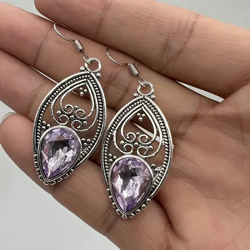 handmade amethyst design dangle earrings copper jewelry synthetic gems inlaid gift for her details 4