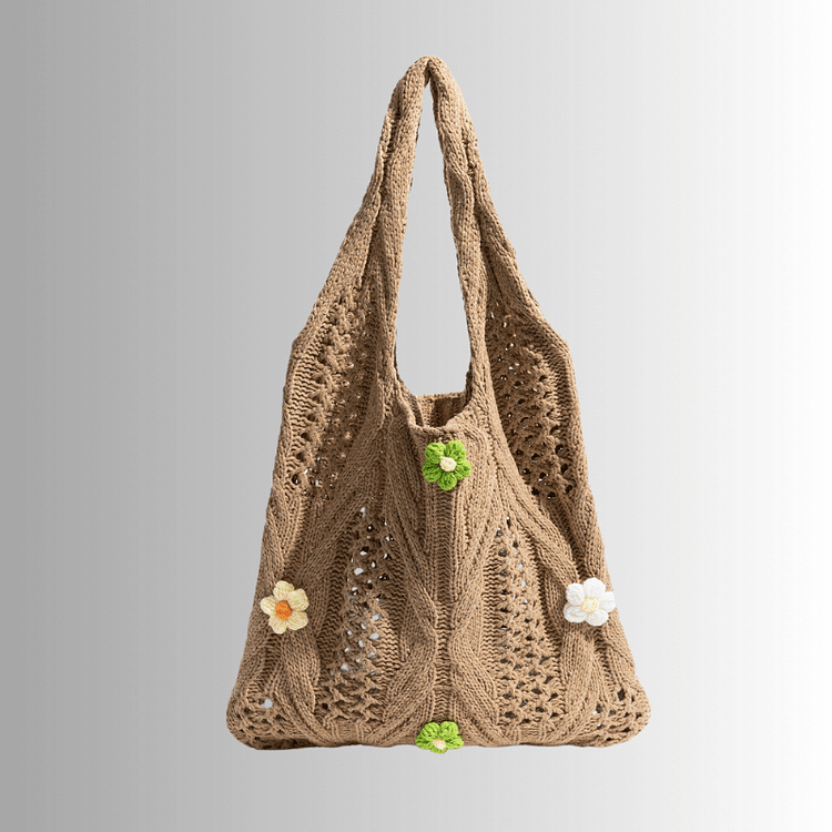 Lulusnow Handmade Khaki Mini Flower Casual Travel Beach Crochet Tote Bag Shoulder Bag 