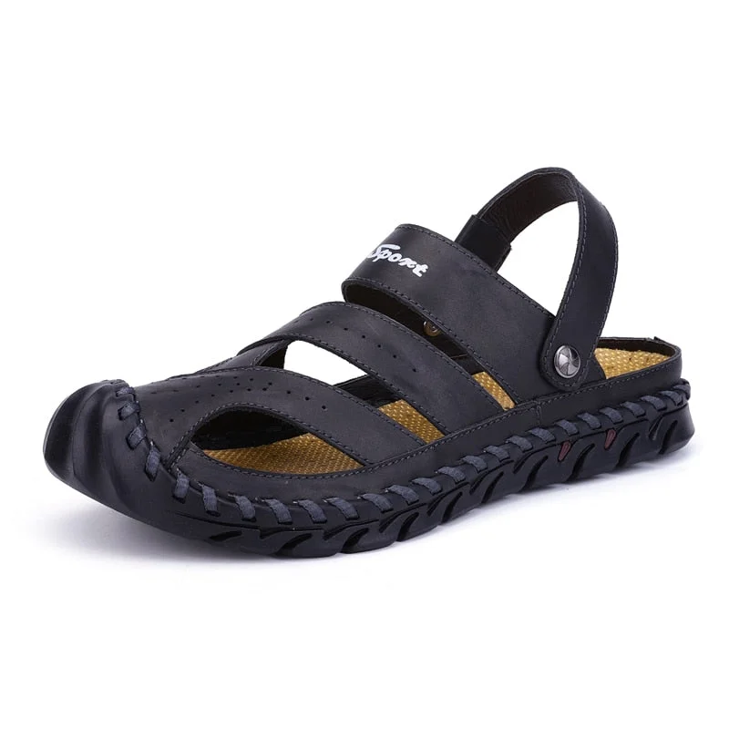 Safety Manual Men Sandals Summer Soft Leather Sandals Black Breathable Men's Shoes Big Size 46 New High Quality Slippers Shoes