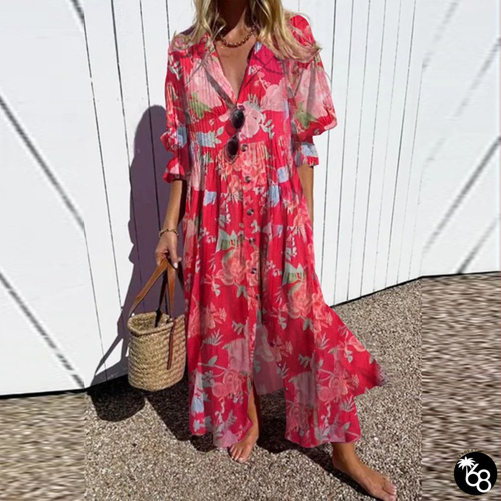 Showy Red 3/4 Sleeve Maxi Dress | 168DEAL