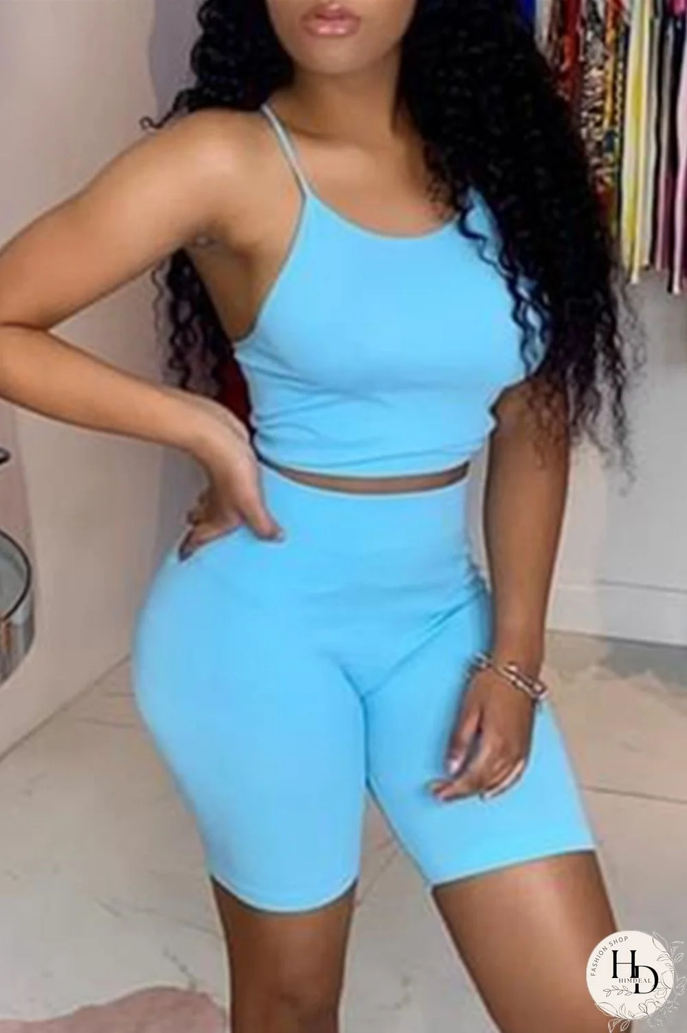 Sky Blue Sexy Casual Solid Backless O Neck Sleeveless Two Pieces