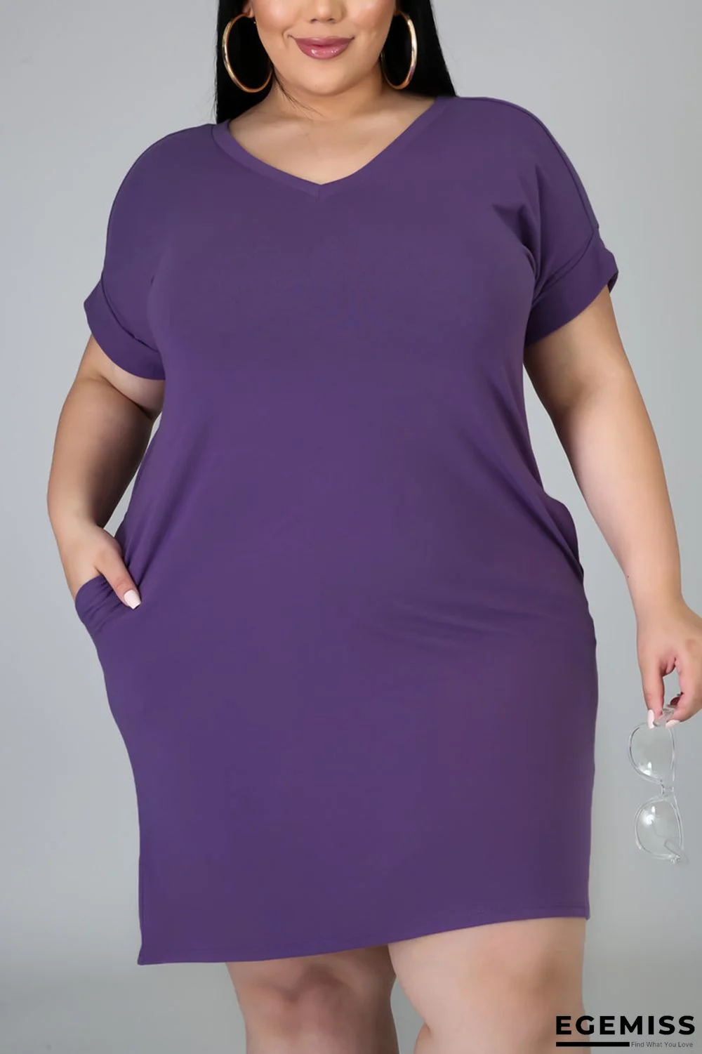 Purple Fashion Casual Short Sleeve Plus Size Dress | EGEMISS