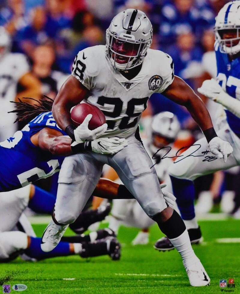 Josh Jacobs Signed Raiders 16x20 Running White Jersey FP Photo Poster painting- Beckett Auth *R