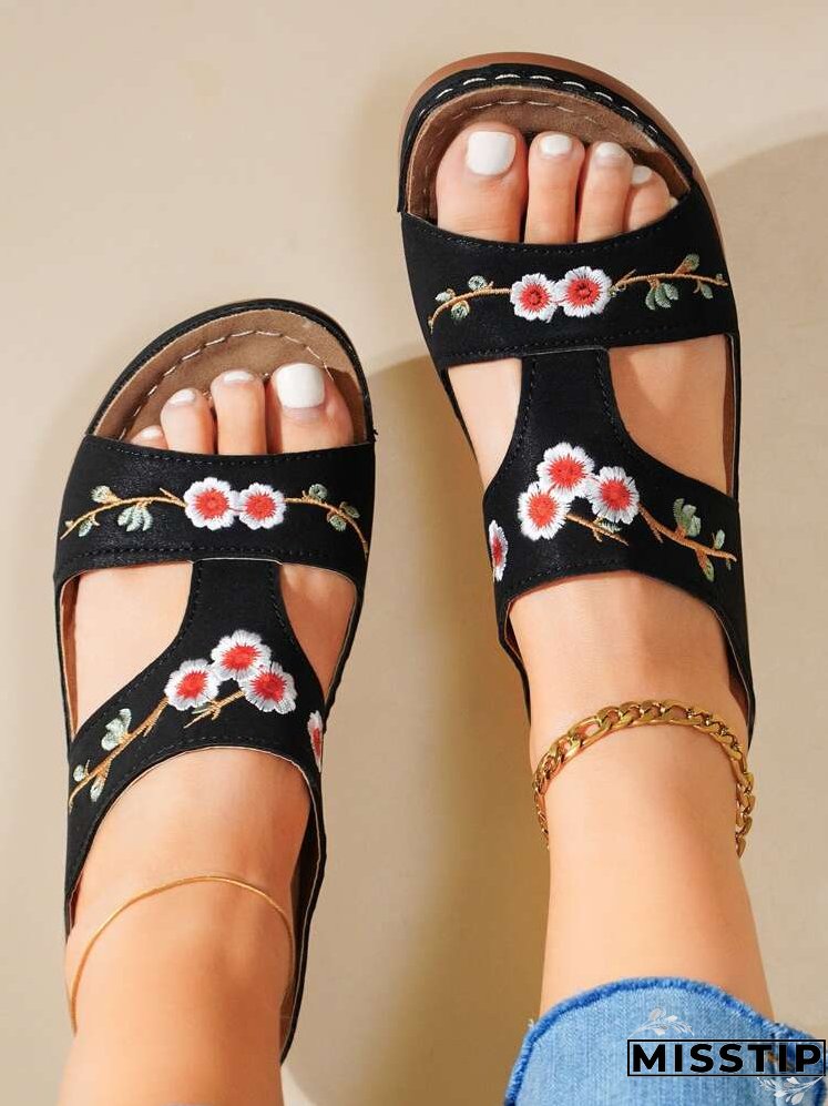 Floral Embroidery Wedge Sandals