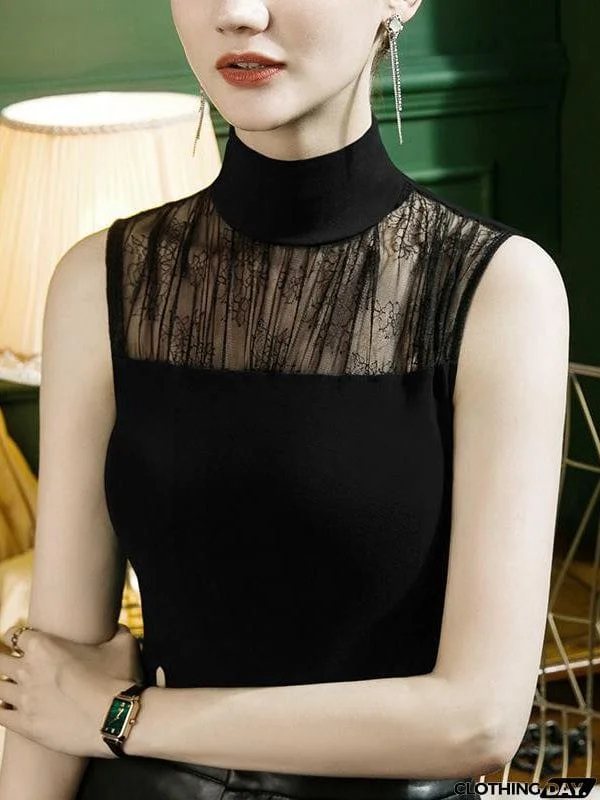 Stylish Selection Skinny Sleeveless Mesh Split-Joint Half Turtleneck Vest Top