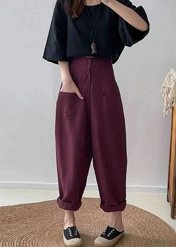 Casual Purple High Waist Button Down Cotton Pants Trousers Fall