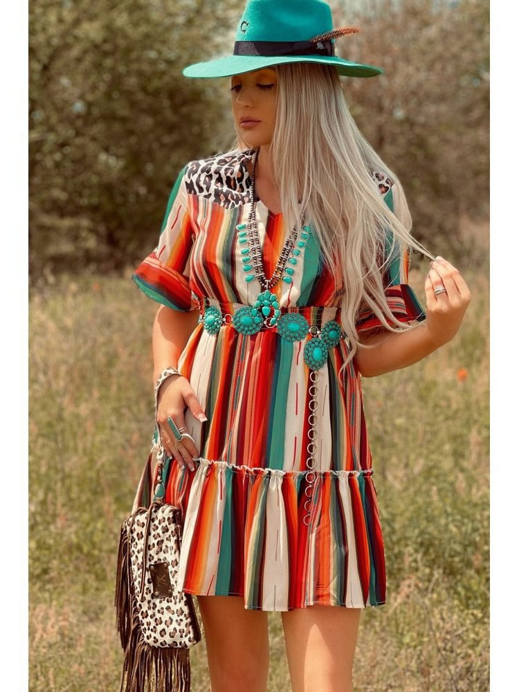Colorful Striped Pleated Skirt Short Sleeve Dress