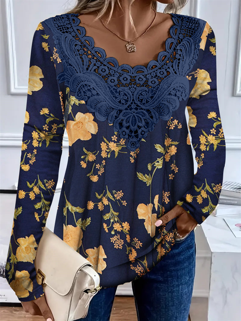 Women's Long Sleeve Scoop Neck Floral Printed Lace Stitching Top