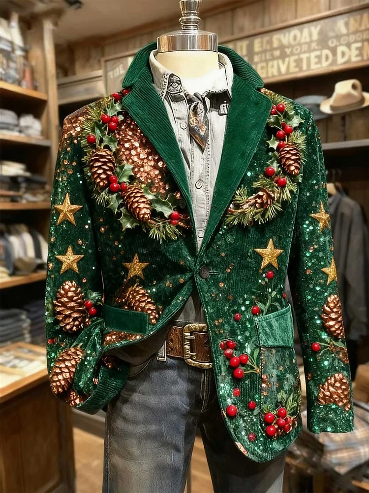 Men's Vintage Christmas Snowflake Christmas Tree Pinecone Casual Jacket 