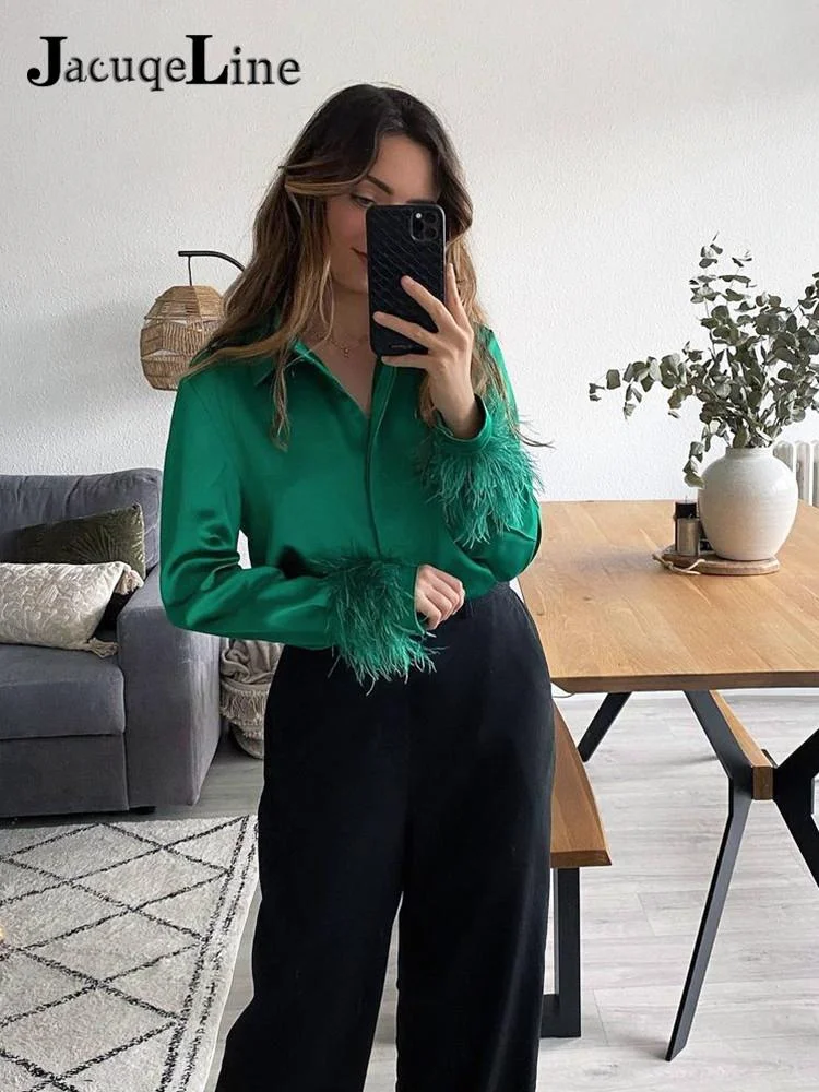 Jacuqeline 2022 Sexy V Neck Feather Satin Blouse Shirts Women Long Sleeve Button Elegant Lady Shirt Top Vintage Clothes Autumn