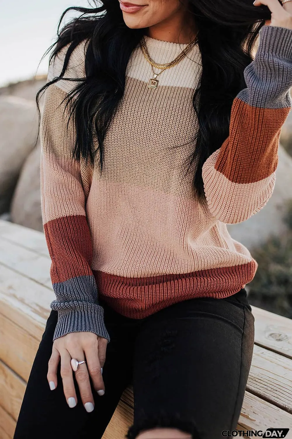 Khaki Color Block Knitted O-neck Pullover Sweater