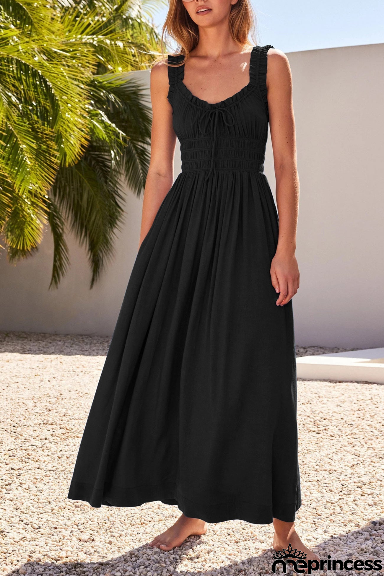 V Neck Tie-up Smocked Midi Dress