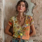 Women's Bohemian Floral Embroidery Art V-neck Contrast Color Linen Blend T-shirt - Image 4