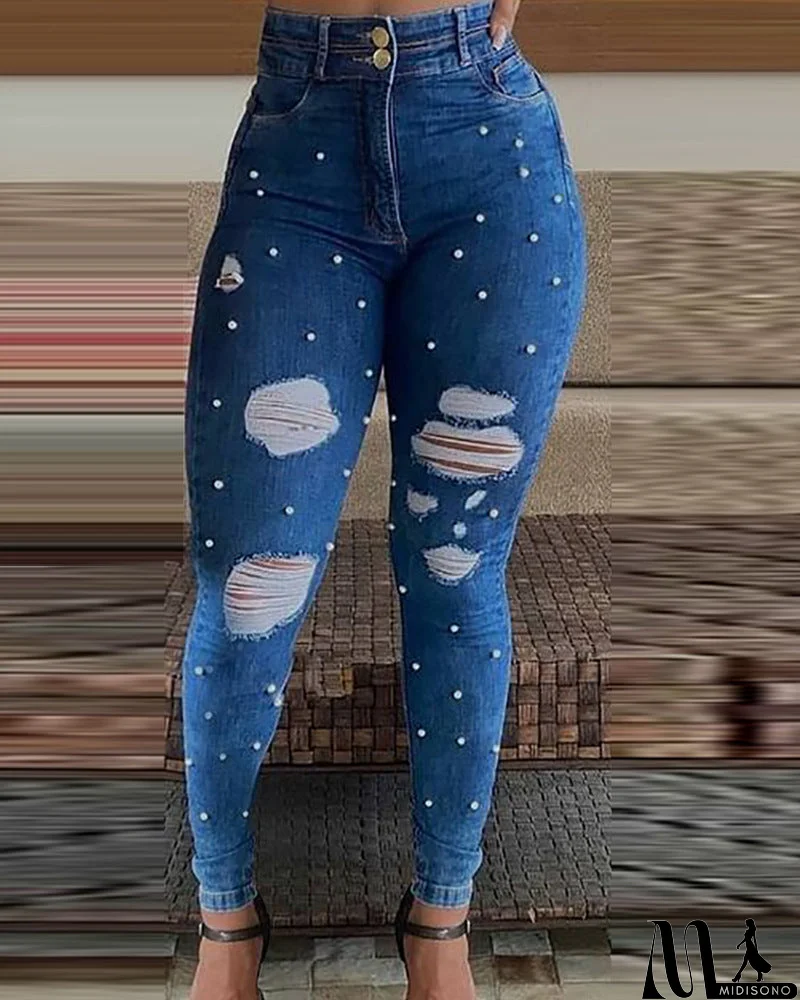 MidiSono - Blue Shredded Bubble Beading Skinny Jeans