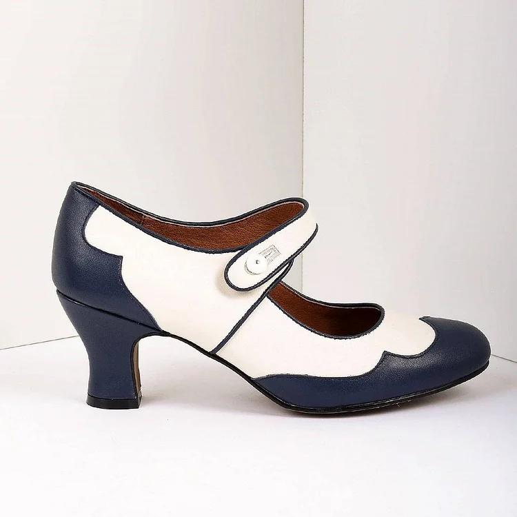 Navy and White Vintage Style Mary Jane Chunky Heel Pumps Vdcoo
