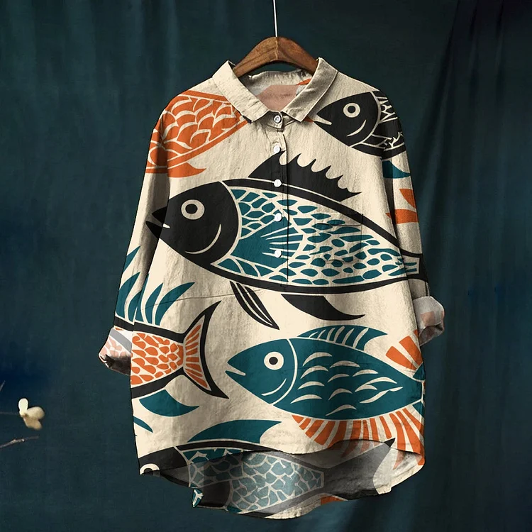Women's Cartoon Fish Colorblock Print Casual Linen Shirt