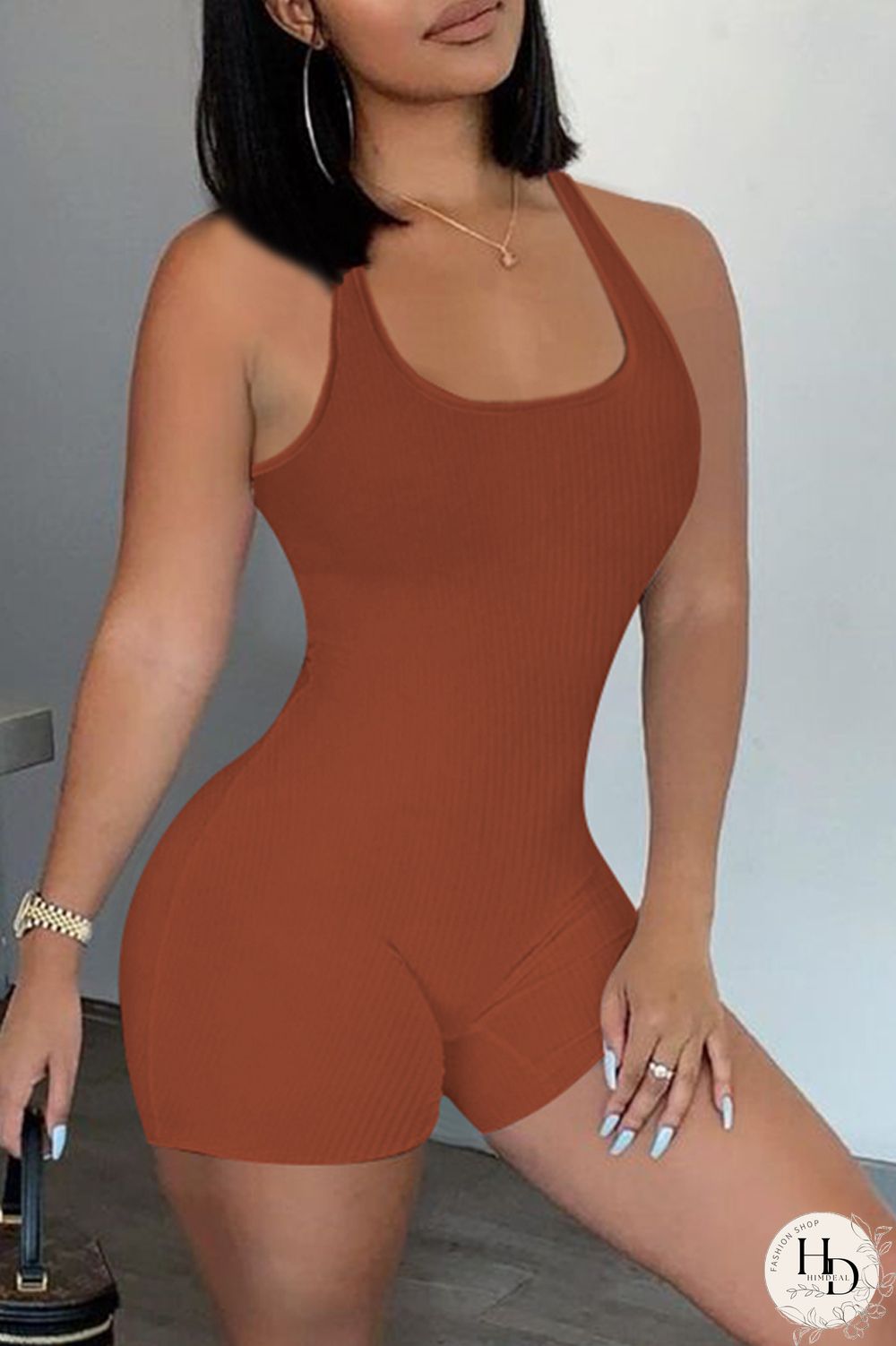 Army Green Casual Sportswear Solid Backless U Neck Skinny Romper