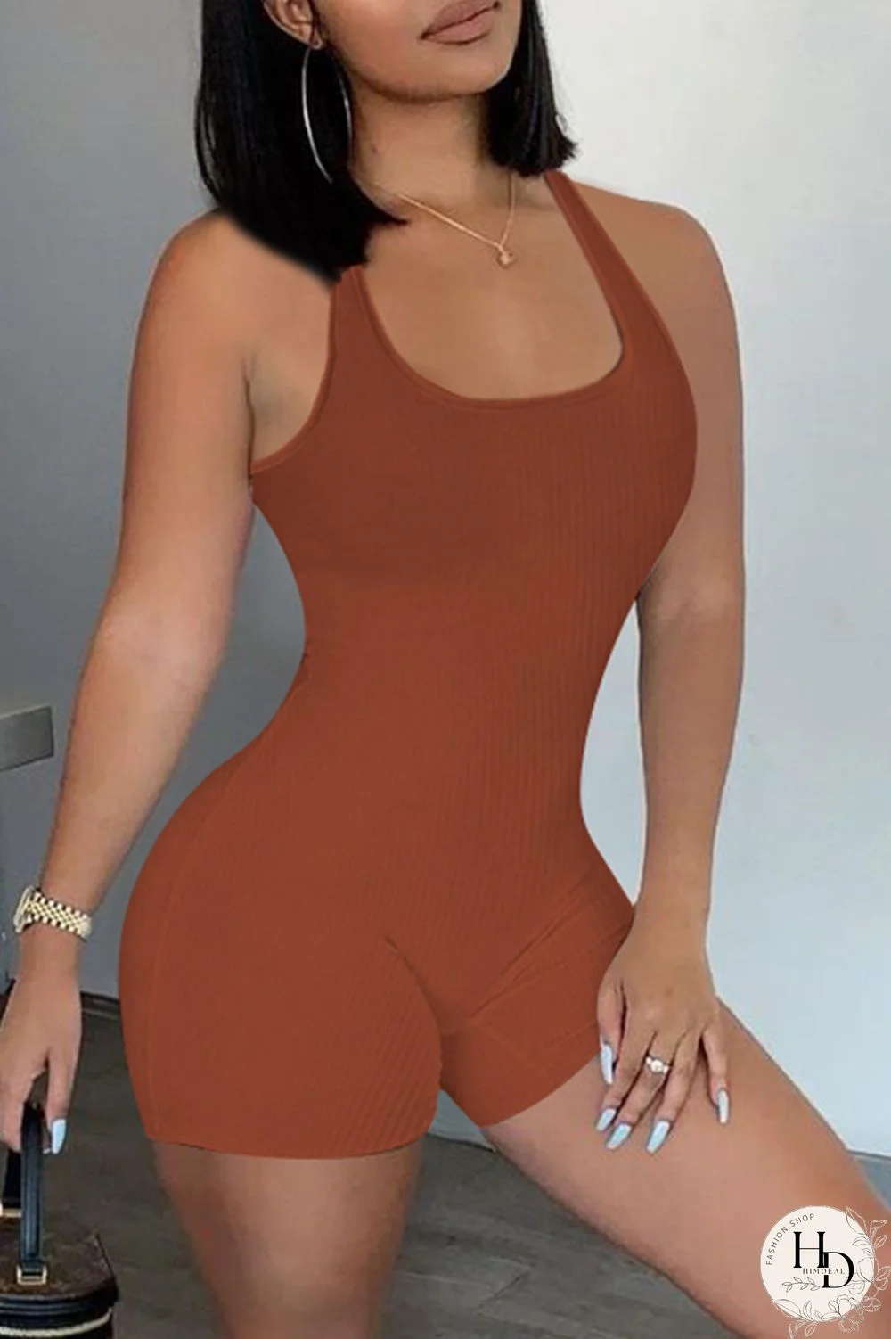 Army Green Casual Sportswear Solid Backless U Neck Skinny Romper