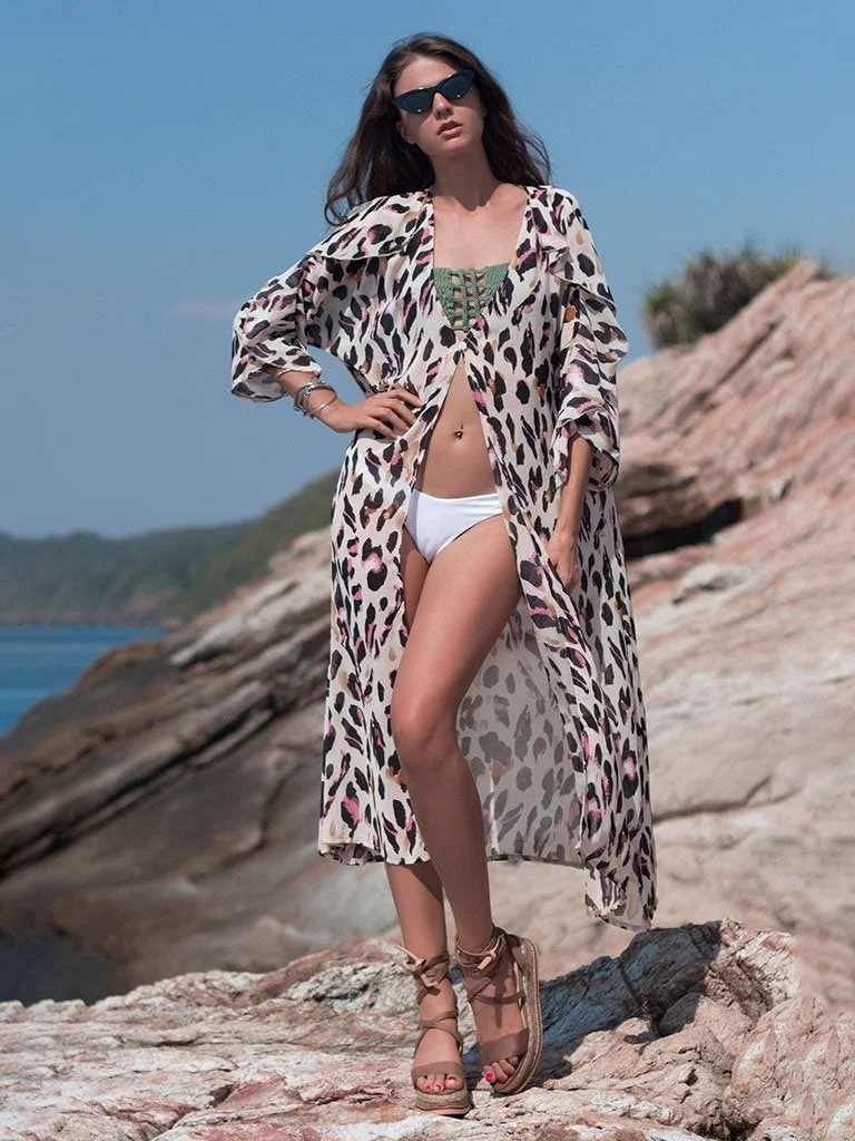 Boho Swimwears Cover Up Dress Floral Printed Beach Dress Long Kimono