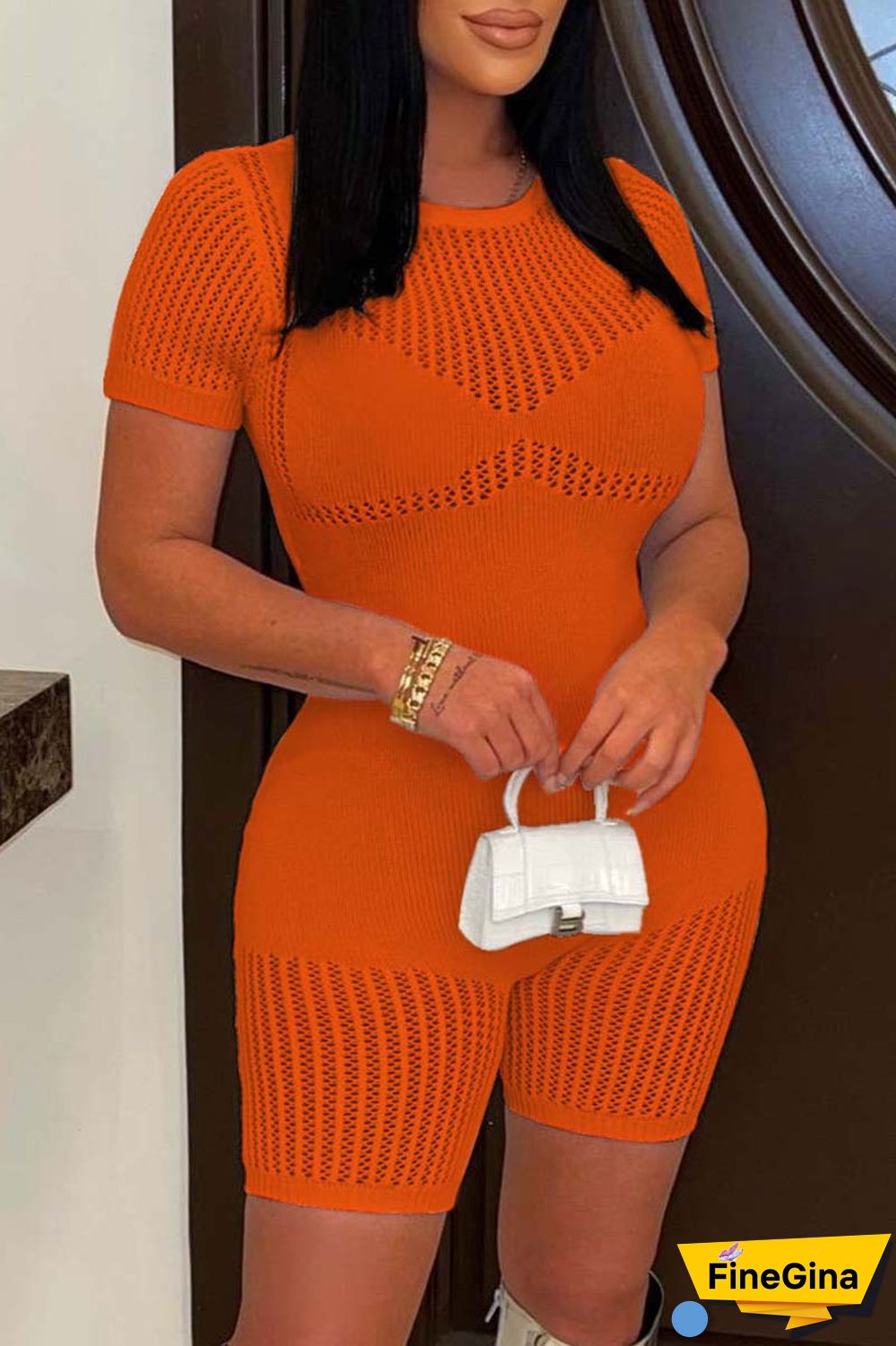 Rose Red Casual Solid Basic O Neck Short Sleeve Skinny Romper