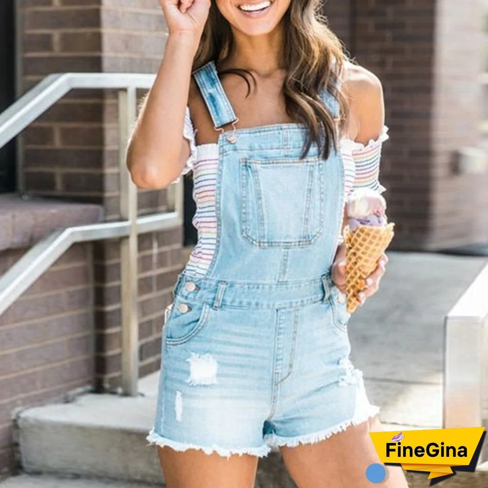 Women Fashion Denim Jumpsuit Summer Solid Color Ripped Jeans Romper Shorts Female Raw Edge Hem Trendy Overalls Denim Bib Pants Plus Size XS-3XL