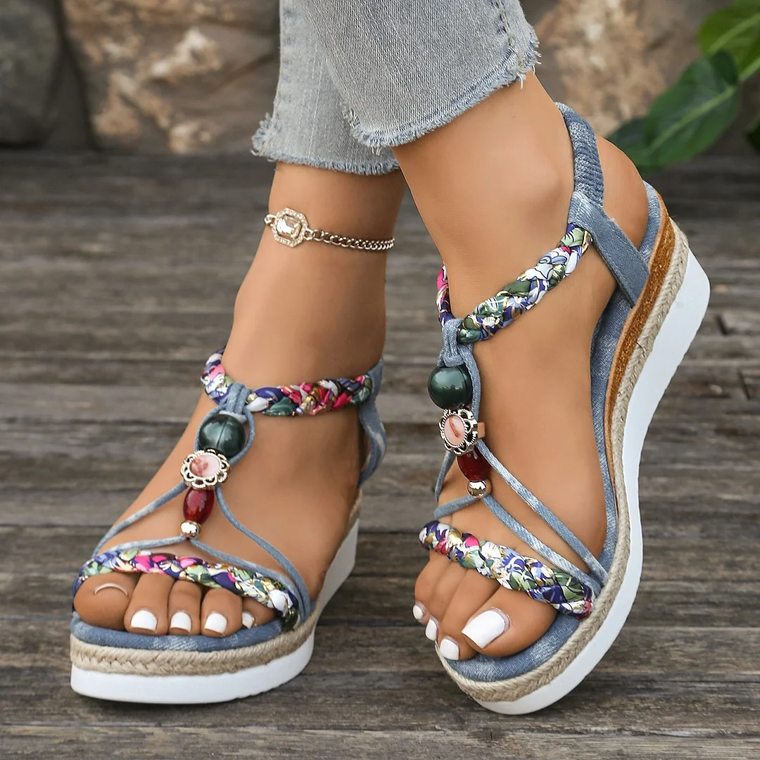 Breakj Breakj Bottom Slope Heel Sandals Women 2025 Summer New Bohemian Loose Tight Belt Fashion Casual Roman Sandals