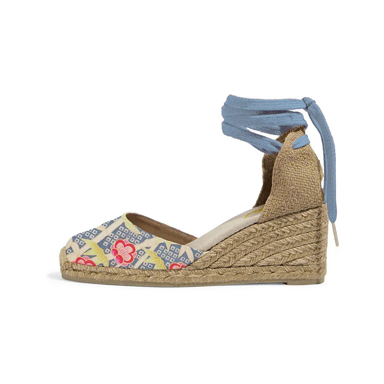 Blue Floral Espadrille Wedges Closed Toe Ankle Wrap Sandals |FSJ Shoes