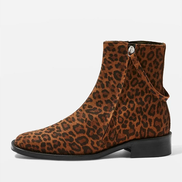 Brown Leopard Print Flat Ankle Boots with Strap |FSJ Shoes
