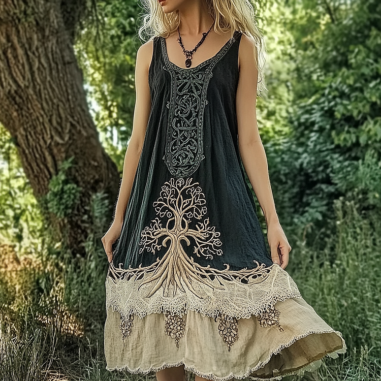 Utbros Women's Vintage Viking Tree Of Life Lace Design Sleeveless Dress