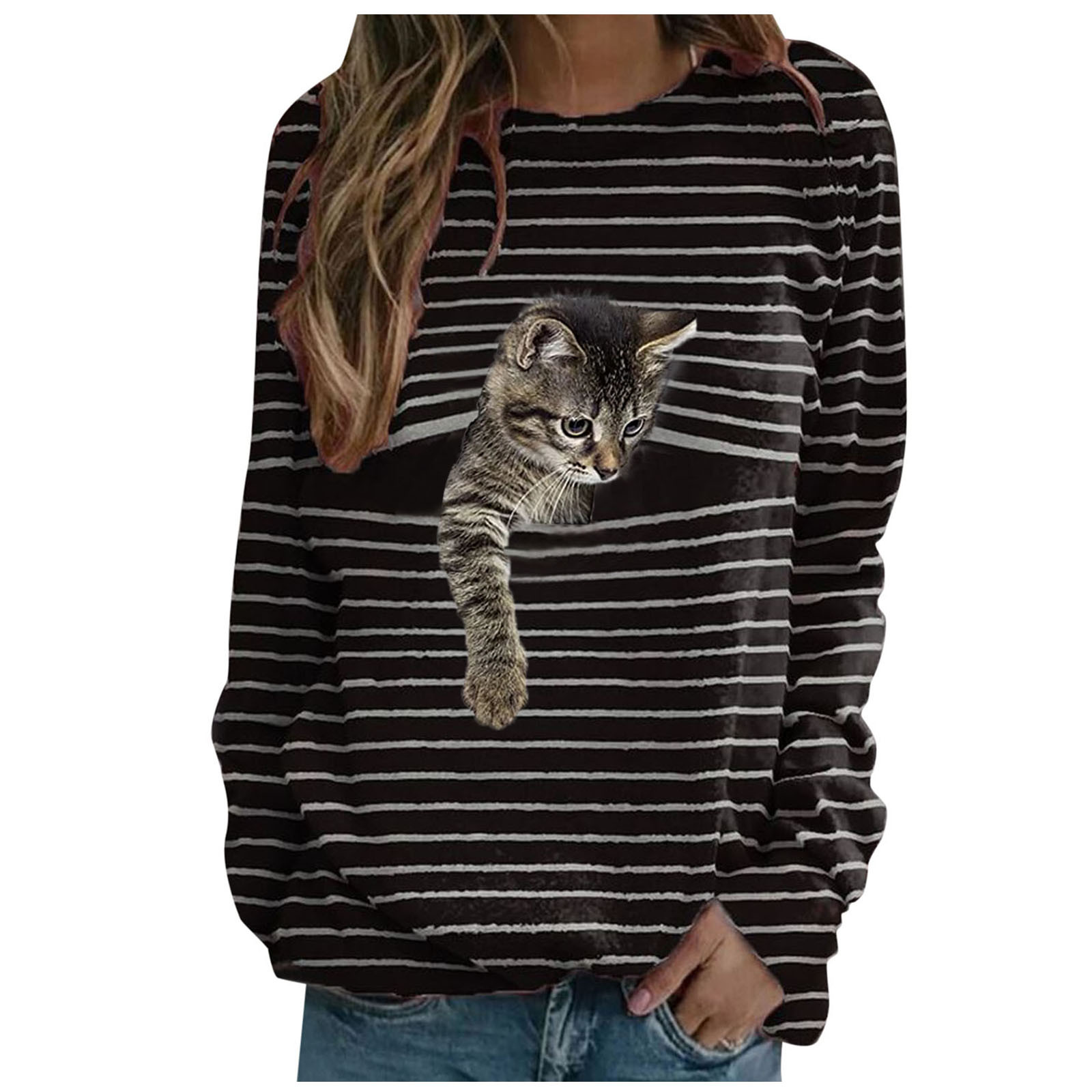 Woman Tshirts Plus Size Graphic T Shirts Women Plus Size Long Sleeve 3D Cat Printed O-Neck Tops Tee T-Shirt Mujer Camisetas