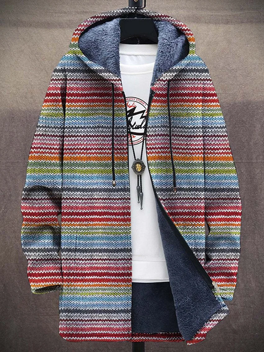 Unisex Rainbow Stripe Retro Bright Colourful Stripes Art Plush Thick Long-Sleeved Sweater Coat Cardigan