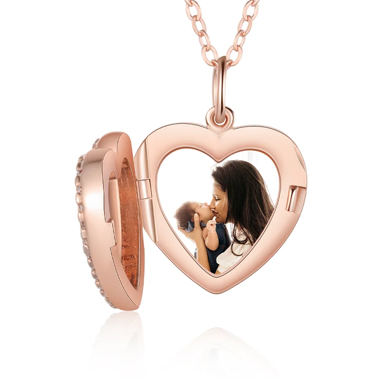 Personalized Heart Photo Necklace with Diamond Locket Necklace Rose Gold