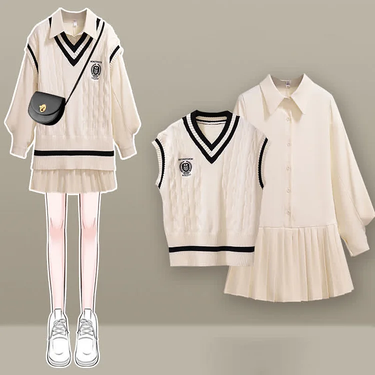 【$59.99】Chic Knit Vest Lapel Tie Pleated Shirt Dress Two Pieces Set - Modakawa modakawa