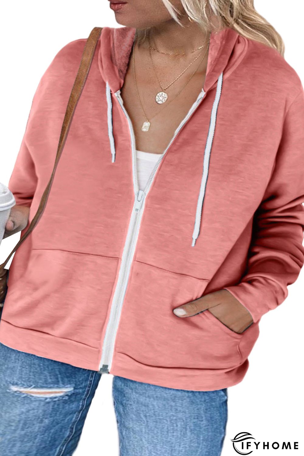 Pink Blue Blue Plus Size Zipper Down Hooded Coat with Pocket | IFYHOME