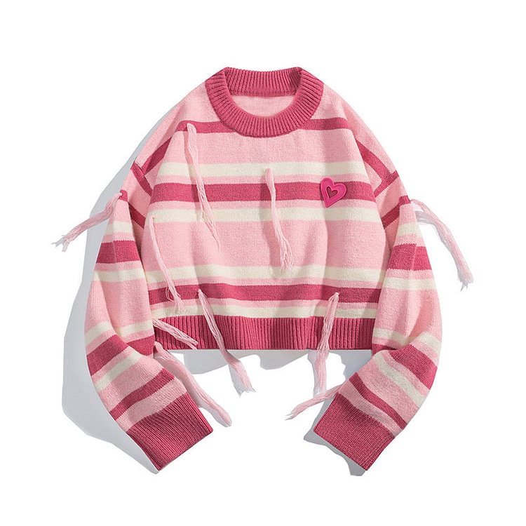 Colorblock Stripe Love Heart Design Fringed Sweater - Modakawa Modakawa