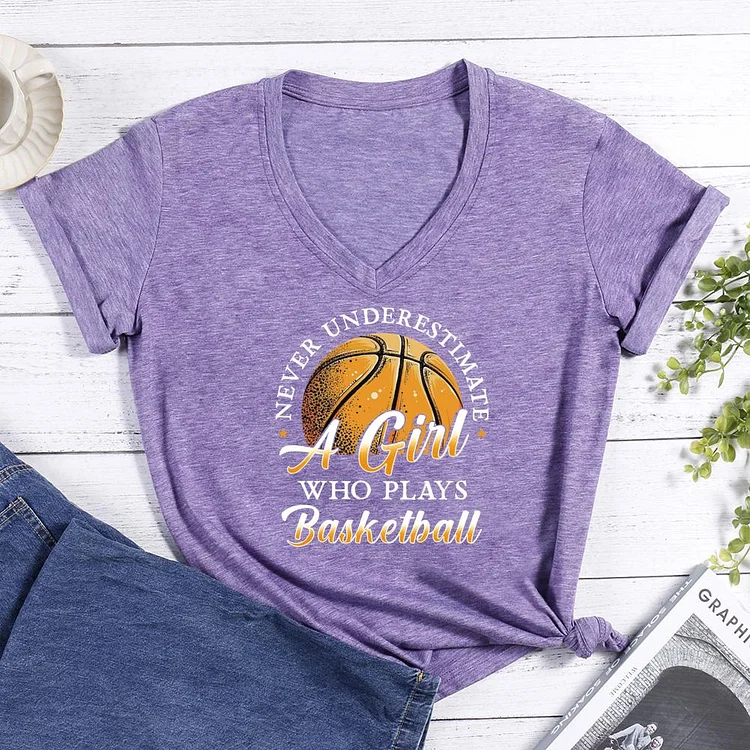 Never Underestimate A Girl Who Plays Basketball V-neck T Shirt-Annaletters
