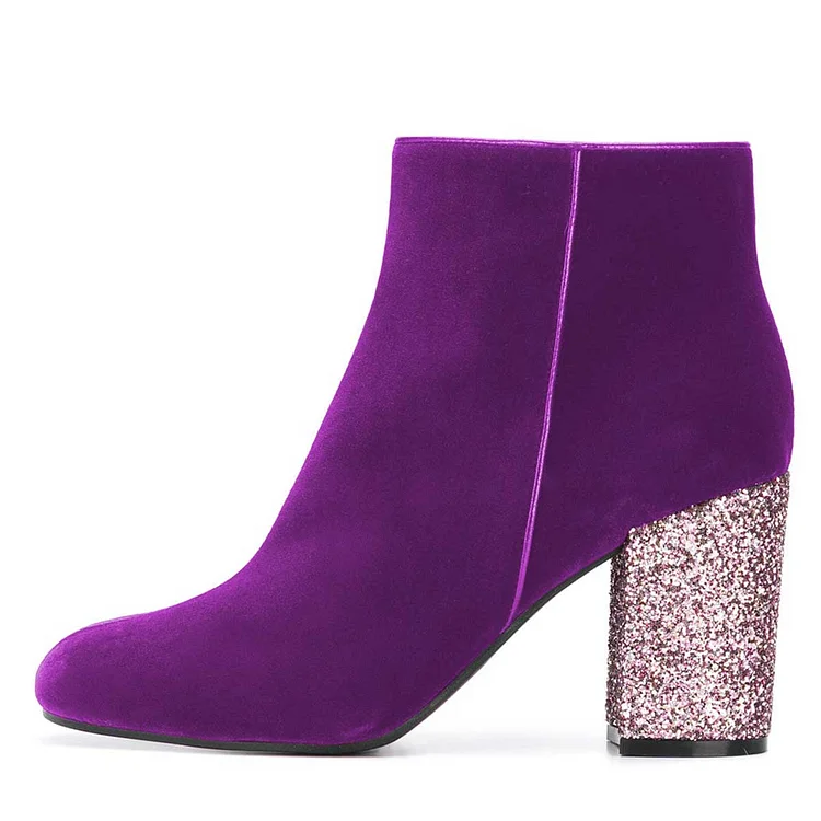 Purple Velvet Round Toe Glitter Chunky Heel Fashion Ankle Boots |FSJ Shoes