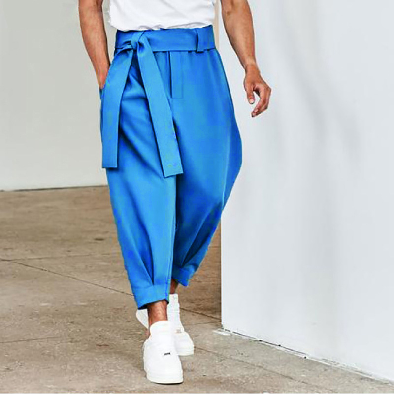 Loose Solid Color Cropped Pants Belt Decorative Men's Leg-tied Casual Pants