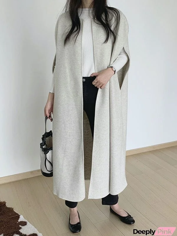 Loose Sleeveless Solid Color Round-Neck Cape Outerwear