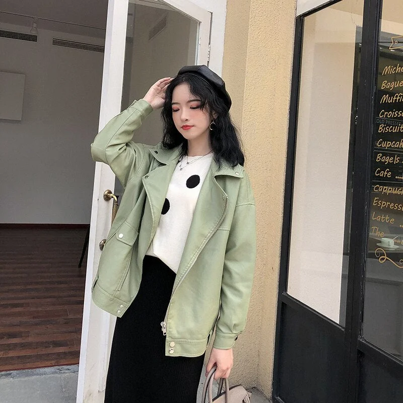 FTLZZ New Autumn Women Faux Leather Jacket Motorcycle Leather Jacket Black Loose Oversized BF Outwear