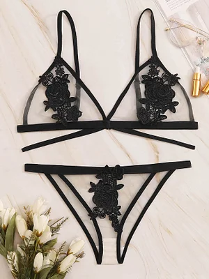 Flower Crochet Sheer Lingerie Set