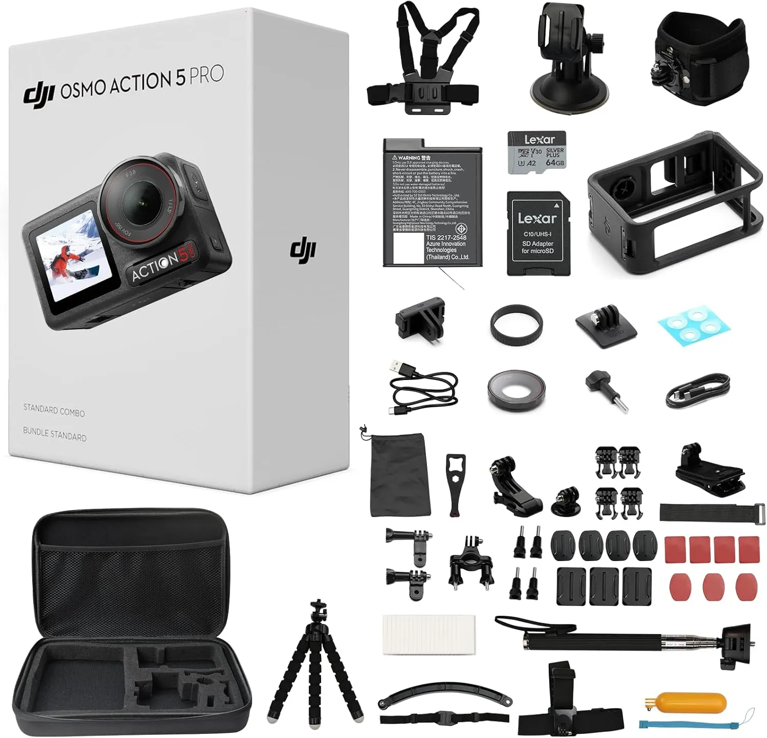 DJI Osmo Action 5 Pro Waterproof Action Camera Bundle, 1/1.3" Sensor, 4K/120fps Video, Subject Tracking, 47GB Built-in Storage, Original Standard Combo + 58 Piece Accessory Kit + Extra 64GB Card