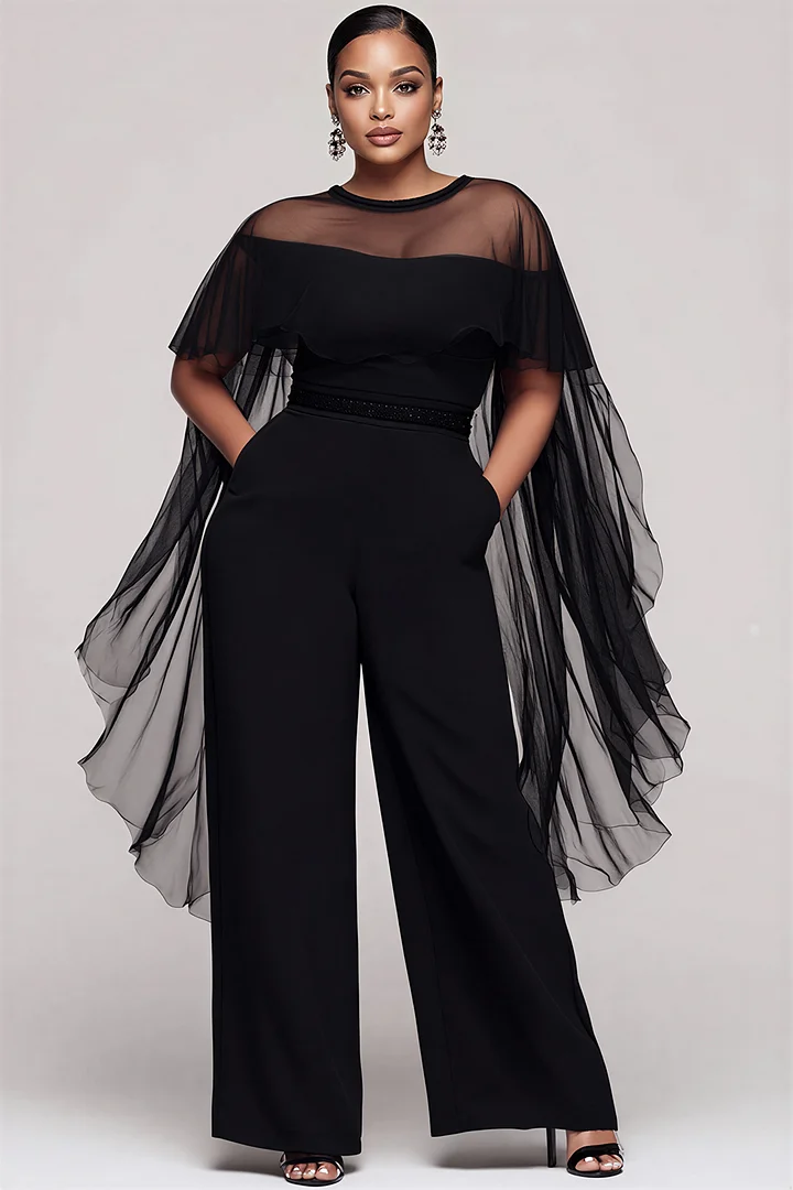 Xpluswear Design Plus Size Formal Elegant Black Round Neck Cape Sleeve Short Sleeve See Through Pocket Tulle Jumpsuits 2024 - Xpluswear