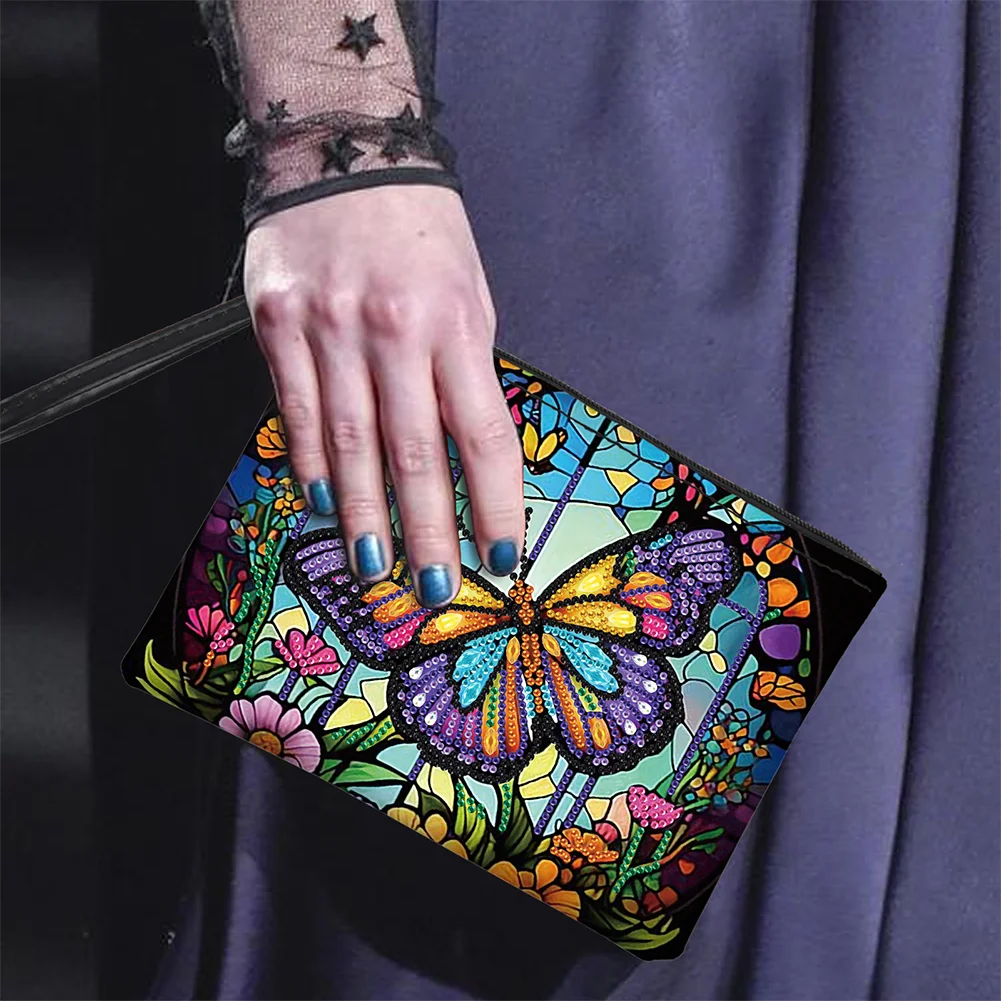 DIY Butterfly PU Partial Special Shaped Diamond Painting Wallet Makeup Bag