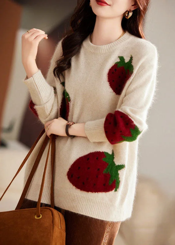 Cute Beige Strawberry Print Cozy Cotton Knit Sweater Long Sleeve
