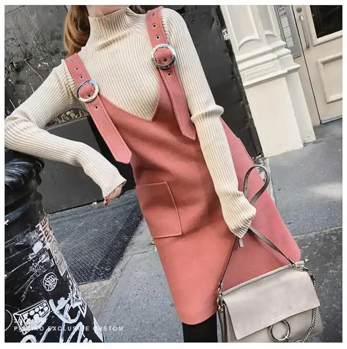 Women Vest Dress V-neck Strap Dress Autumn Winter Elegant Sleeveless Solid  Dress Female Fashion Casual Woolen Dresses Vestidos
